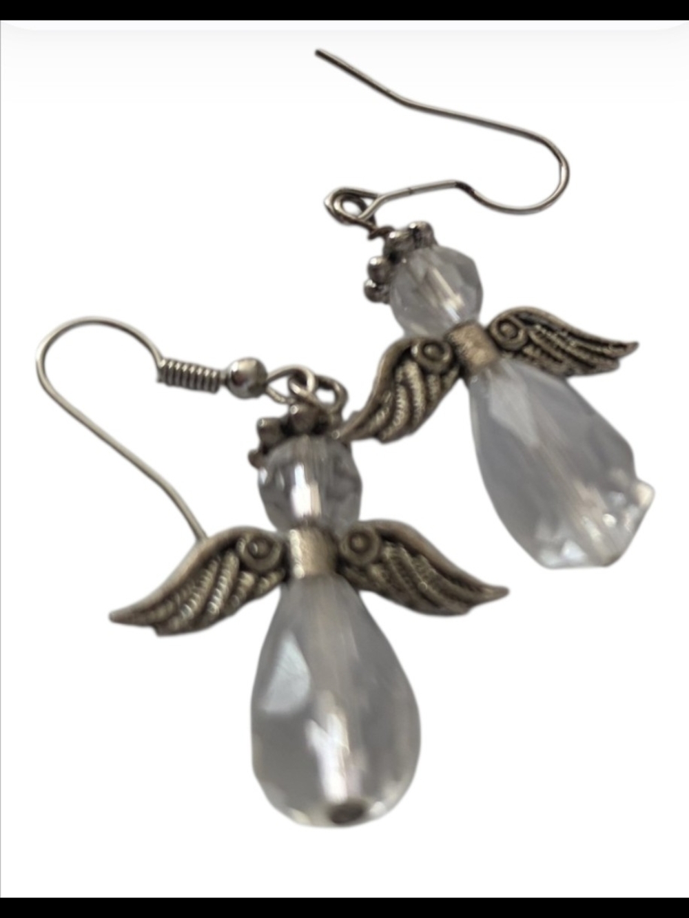 Silver-Tone Angel Wing Drop Earrings with Clear Crystal - Women Jewelry